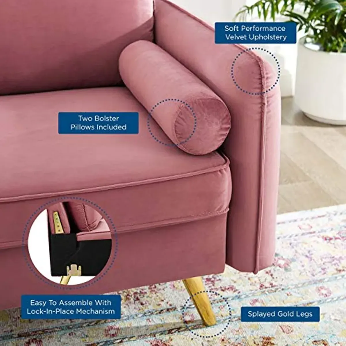 Modway Revive Performance Velvet Loveseat, Dusty Rose