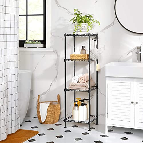 SONGMICS Bathroom Shelf, Storage Rack for Small Space, Total Load Capacity 176.4 lb, 11.8 x 11.8 x 40.2 Inches, with 4 PP Sheets, Removable Hooks, Extendable Design, Black and Translucent ULGR104B01