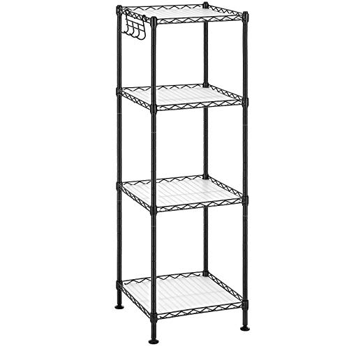 SONGMICS Bathroom Shelf, Storage Rack for Small Space, Total Load Capacity 176.4 lb, 11.8 x 11.8 x 40.2 Inches, with 4 PP Sheets, Removable Hooks, Extendable Design, Black and Translucent ULGR104B01