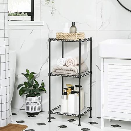SONGMICS 3-Tier Bathroom Shelf, Wire Shelving Unit, Metal Storage Rack for Small Space, Total Load Capacity 132 lb, 11.8 x 11.8 x 28.7 Inches, with 3 PP Sheets, Adjustable Shelf, Black ULGR103B01