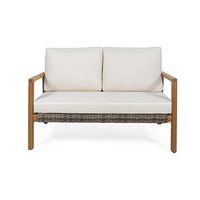 Christopher Knight Home Diana Outdoor Acacia Wood Loveseat with Wicker Accents, Teak Finish, Gray, Beige