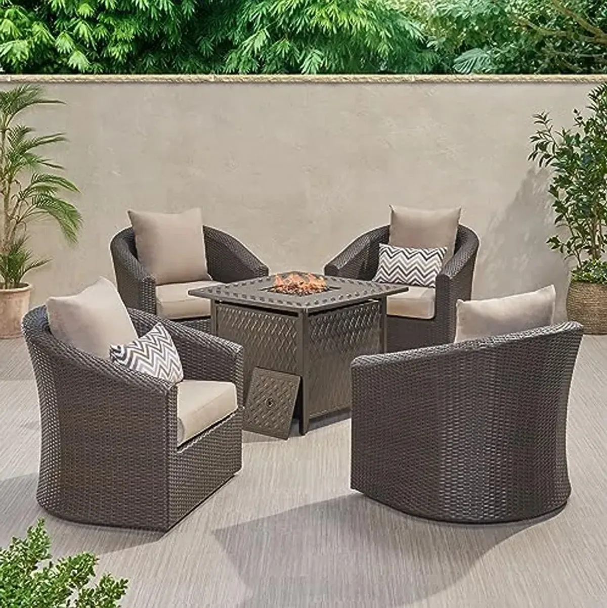 Christopher Knight Home Christy Outdoor 4 Seater Wicker Swivel Chair and Fire Pit Set, Mixed Brown + Mixed Khaki + Hammered Bronze