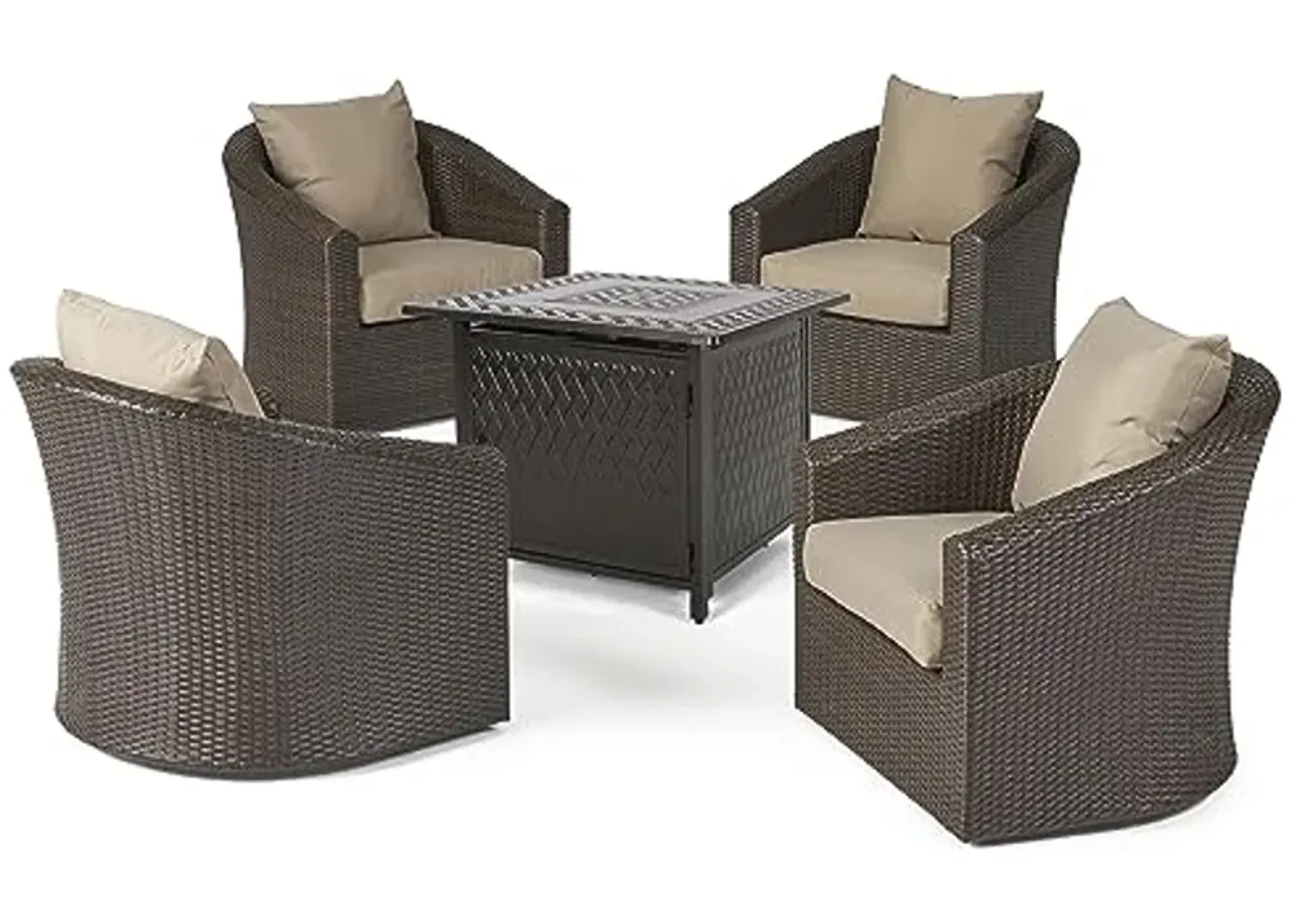 Christopher Knight Home Christy Outdoor 4 Seater Wicker Swivel Chair and Fire Pit Set, Mixed Brown + Mixed Khaki + Hammered Bronze