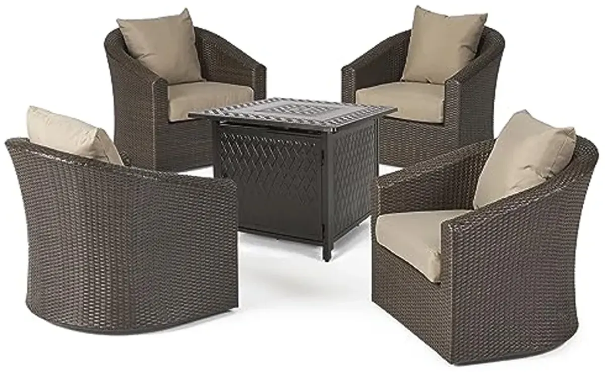 Christopher Knight Home Christy Outdoor 4 Seater Wicker Swivel Chair and Fire Pit Set, Mixed Brown + Mixed Khaki + Hammered Bronze