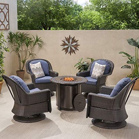 Christopher Knight Home Constance Outdoor 4 Seater Wicker Swivel Chair and Fire Pit Set, Dark Brown + Navy Blue + Hammered Bronze