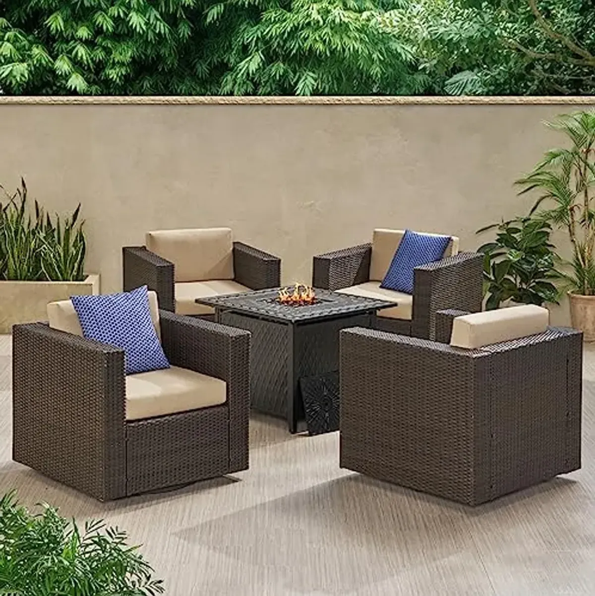 Christopher Knight Home Karen Outdoor 4 Seater Wicker Swivel Chair and Fire Pit Set, Dark Brown + Beige + Matte Black