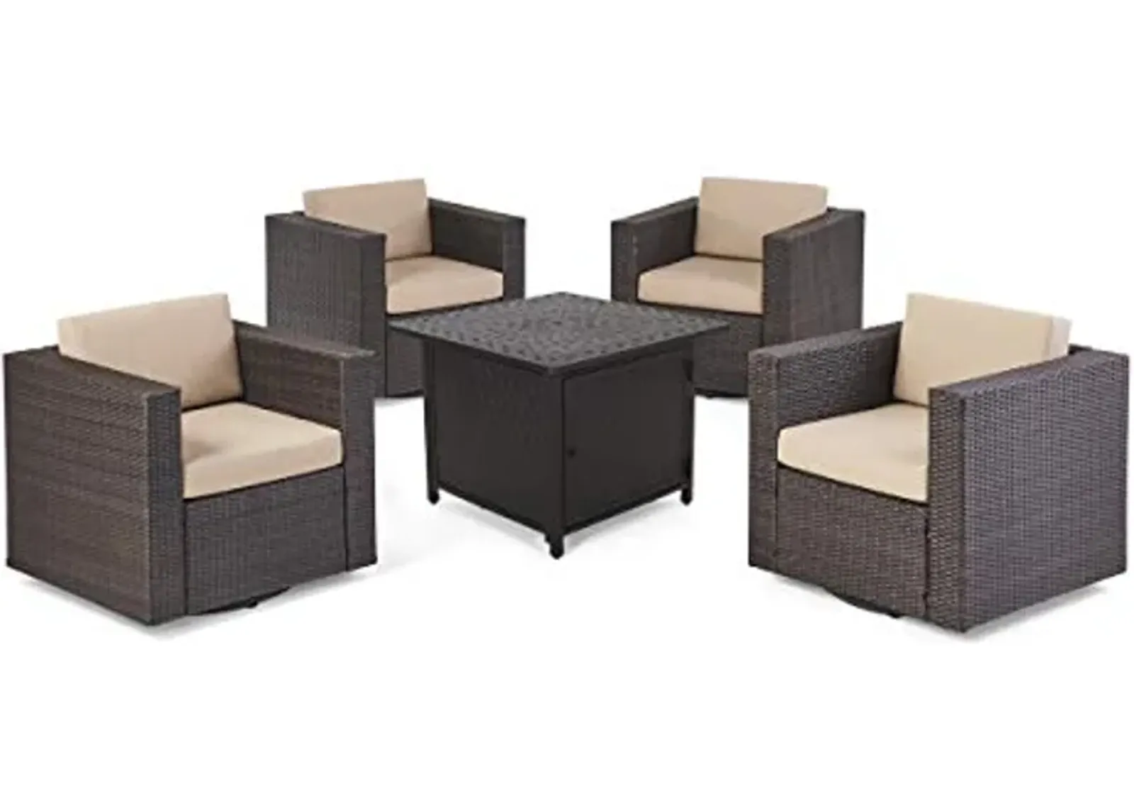 Christopher Knight Home Karen Outdoor 4 Seater Wicker Swivel Chair and Fire Pit Set, Dark Brown + Beige + Matte Black