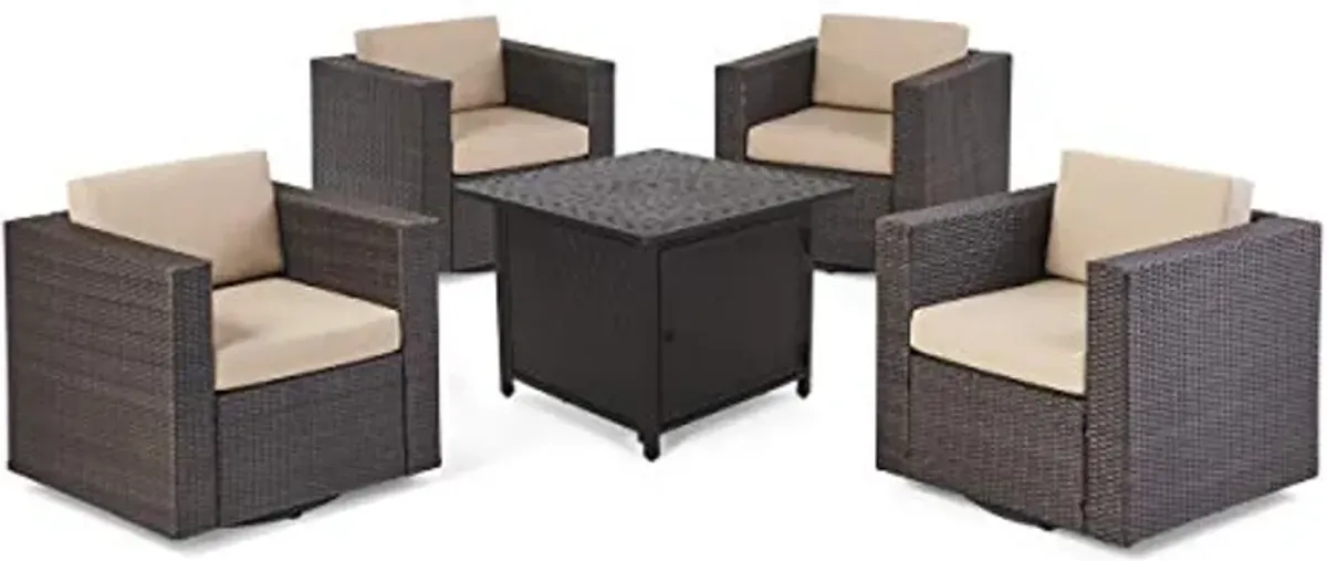 Christopher Knight Home Karen Outdoor 4 Seater Wicker Swivel Chair and Fire Pit Set, Dark Brown + Beige + Matte Black