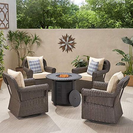 Christopher Knight Home Clement Outdoor 4 Seater Wicker Swivel Chair and Fire Pit Set, Dark Brown, Beige, Matte Black