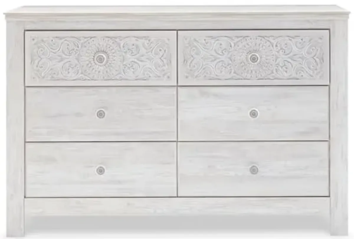 Signature Design by Ashley Paxberry Boho 6 Drawer Dresser, Smooth-gliding Faux Laminate Lined Drawers, Wood, 61.26" W x 15.83" D x 40" H, Whitewash