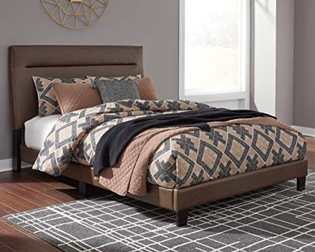 Signature Design by Ashley Adelloni Modern Upholstered Platform Bed with Adjustable Height Headboard, King, Brown
