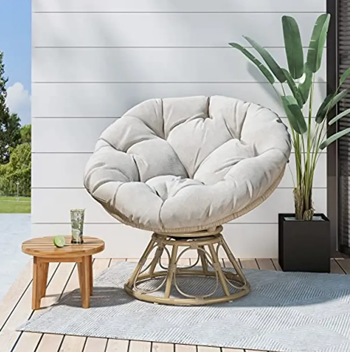 Christopher Knight Home Nicholas Outdoor Papasan Swivel Chair with Water Resistant Cushion, Light Brown and Beige