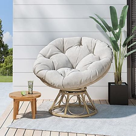 Christopher Knight Home Nicholas Outdoor Papasan Swivel Chair with Water Resistant Cushion, Light Brown and Beige