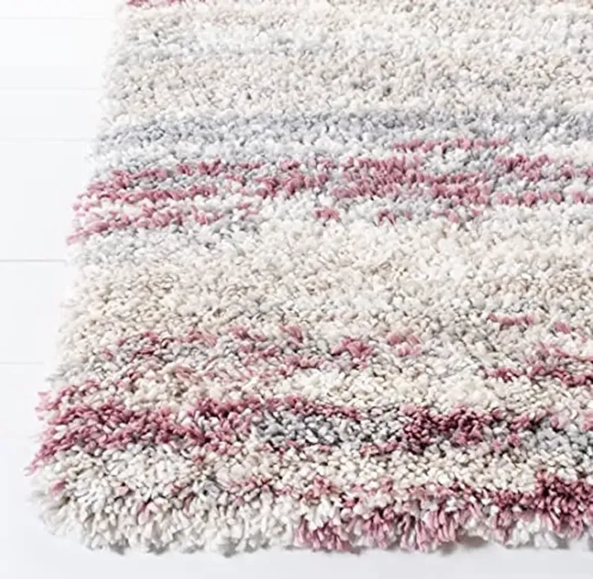 SAFAVIEH Fontana Shag Collection Area Rug - 5'3" x 7'6", Ivory & Pink, Modern Stripe Design, Non-Shedding & Easy Care, 2-inch Thick Ideal for High Traffic Areas in Living Room, Bedroom (FNT842B)