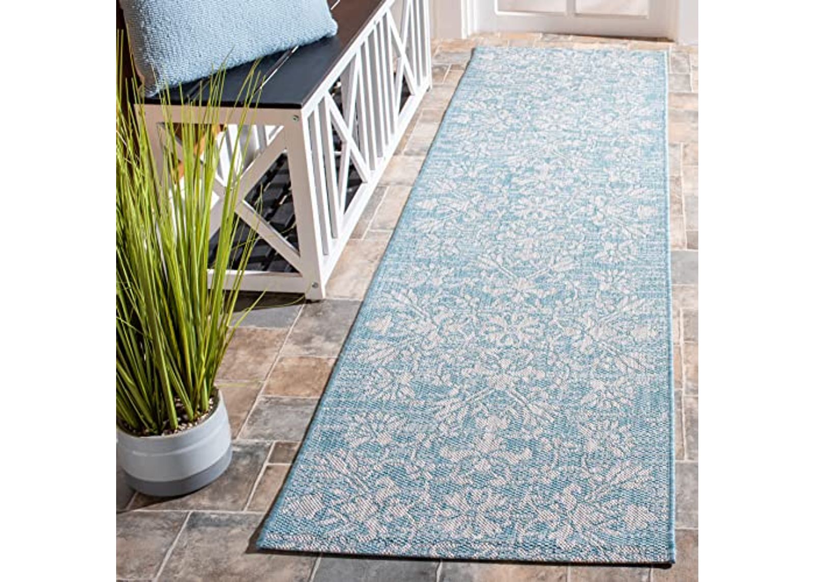 SAFAVIEH Courtyard Collection 2'3" x 8' Aqua/Grey CY8064 Indoor-Outdoor Waterproof Easy-Cleaning Patio Backyard Mudroom Runner-Rug