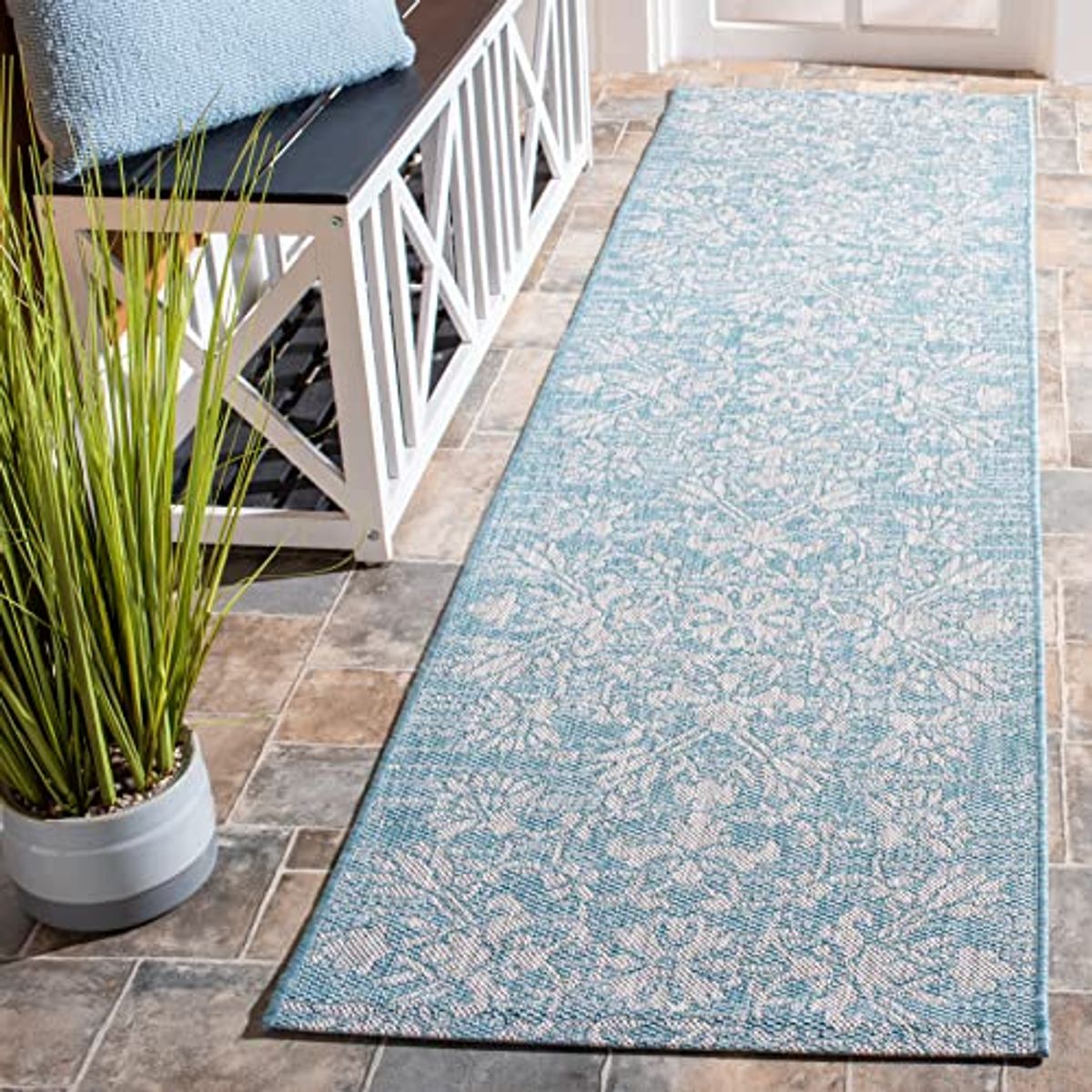 SAFAVIEH Courtyard Collection 2'3" x 8' Aqua/Grey CY8064 Indoor-Outdoor Waterproof Easy-Cleaning Patio Backyard Mudroom Runner-Rug