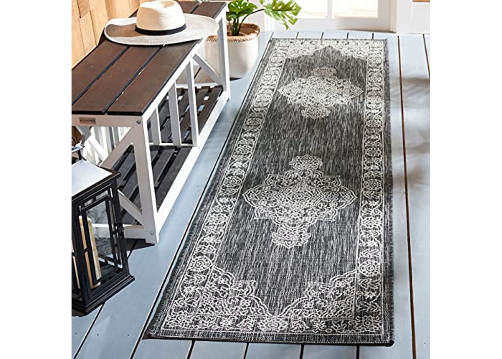 SAFAVIEH Courtyard Collection 2'2" x 9' Black / Grey CY8966 Indoor/ Outdoor Waterproof Easy Cleaning Patio Backyard Mudroom Runner Rug