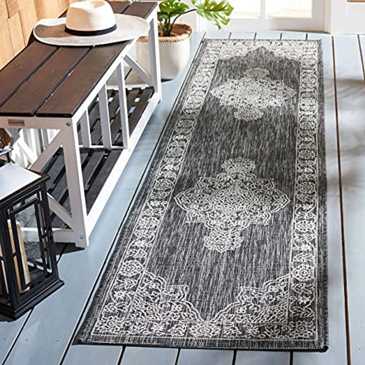 SAFAVIEH Courtyard Collection 2'2" x 9' Black / Grey CY8966 Indoor/ Outdoor Waterproof Easy Cleaning Patio Backyard Mudroom Runner Rug