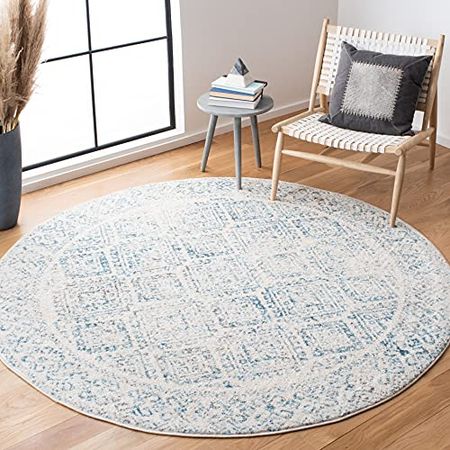 SAFAVIEH Tulum Collection 5' Round Ivory / Turquoise TUL264B Moroccan Boho Distressed Non-Shedding Dining Room Entryway Foyer Living Room Bedroom Area Rug