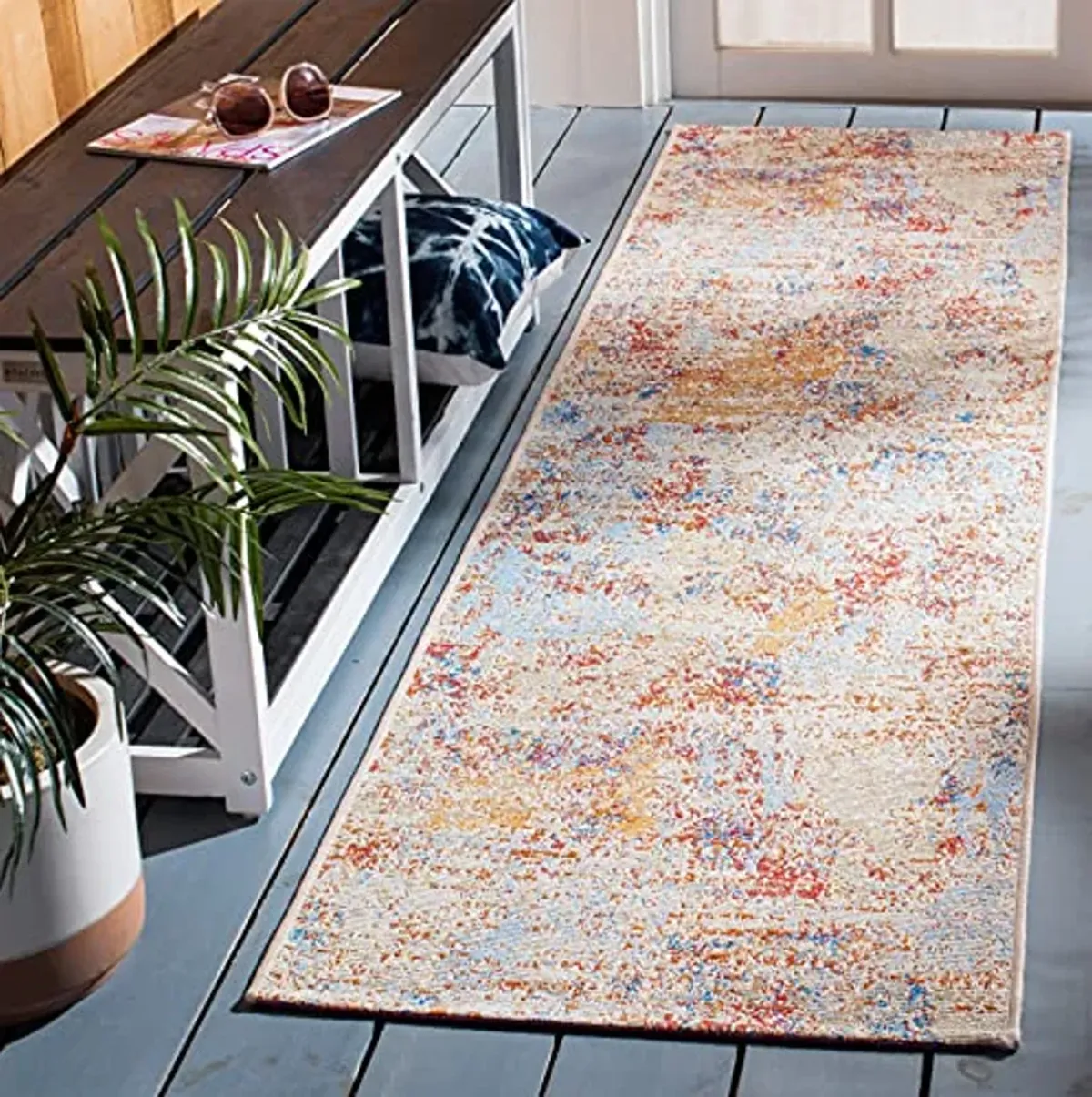 SAFAVIEH Summer Collection 2' x 8' Ivory / Light Blue SMR451A Boho Indoor/ Outdoor Non-Shedding Easy scrubbing Patio Backyard Porch Deck Mudroom Runner-Rug