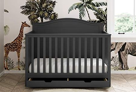 Storkcraft Moss 5-in-1 Convertible Crib with Drawer (Gray) – GREENGUARD Gold Certified, Crib with Drawer Combo, Includes Full-Size Nursery Storage Drawer, Converts to Toddler Bed and Full-Size Bed