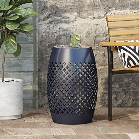 Christopher Knight Home Kevin Outdoor Lace Cut Side Table with Tile Top, Dark Blue