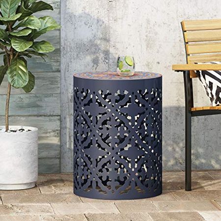 Christopher Knight Home Laurent Outdoor Lace Cut Side Table with Tile Top, Dark Blue