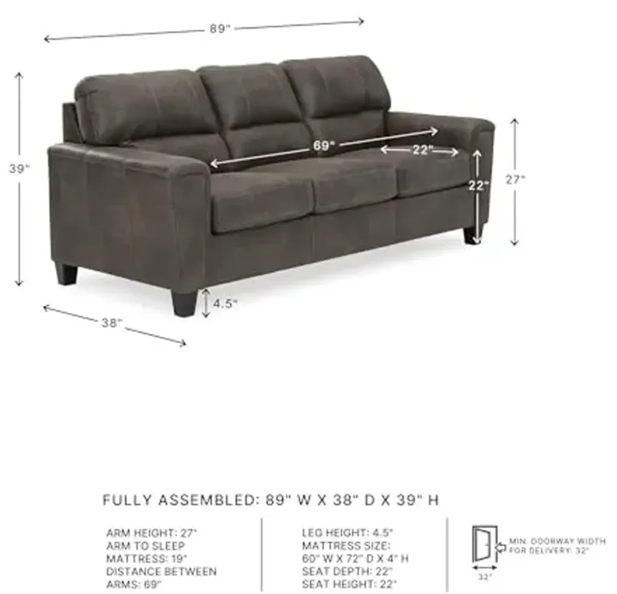 Signature Design by Ashley Navi Faux Leather Modern Queen Sofa Sleeper, Gray
