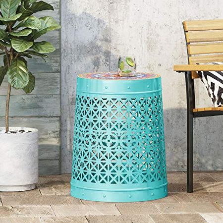 Christopher Knight Home Kenneth Outdoor Lace Cut Side Table with Tile Top, Teal
