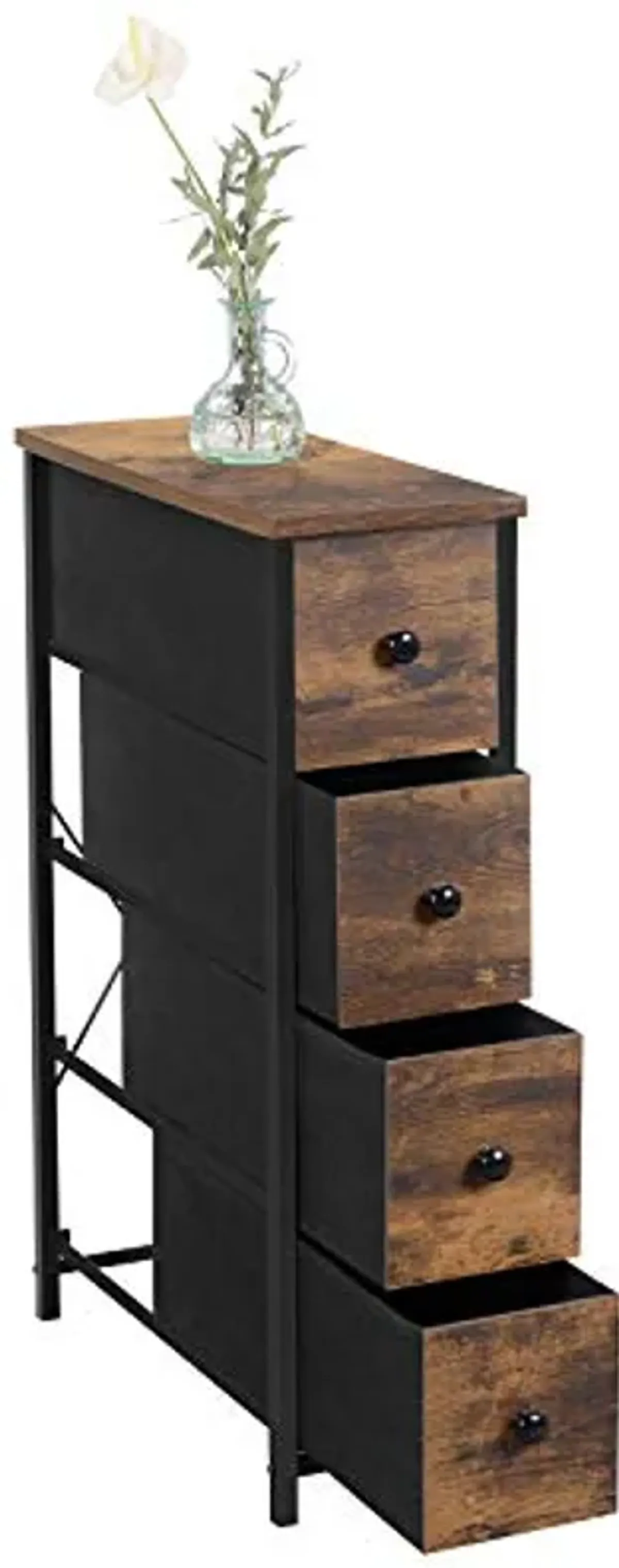 SONGMICS Narrow Dresser, Vertical Storage Unit with 4 Fabric Drawers, for Small Spaces and Gaps, Metal Frame, Slim Storage Tower, for Living Room, Laundry, Closet, Rustic Brown and Black ULGS041B01