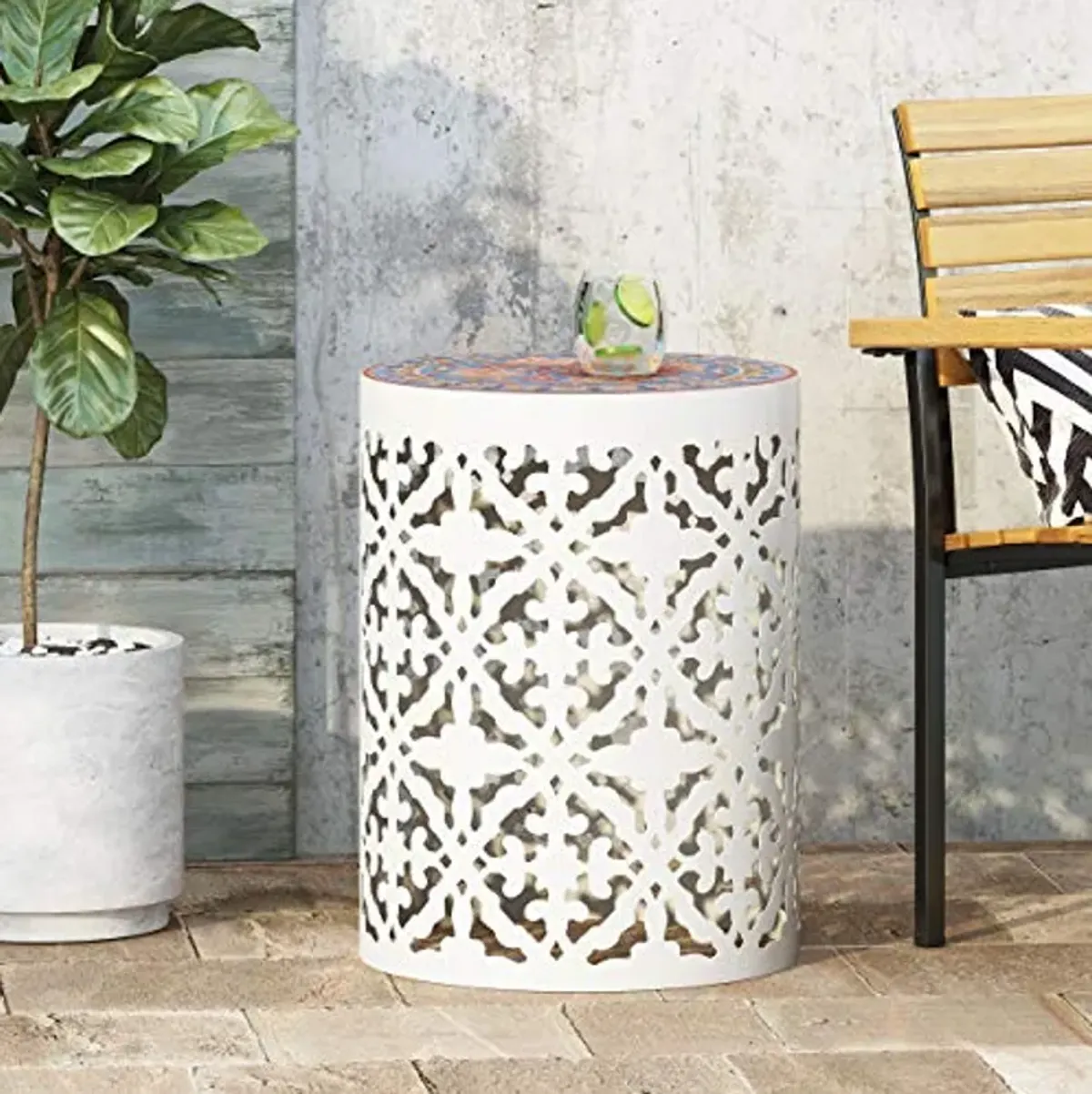 Christopher Knight Home Joshua Outdoor Lace Cut Side Table with Tile Top, White