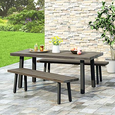 Christopher Knight Home Marcy Outdoor Modern Industrial 3 Piece Aluminum Dining Set with Benches, Gray, Matte Black