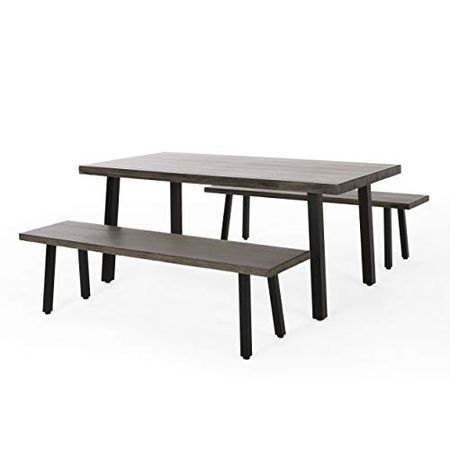 Christopher Knight Home Marcy Outdoor Modern Industrial 3 Piece Aluminum Dining Set with Benches, Gray, Matte Black