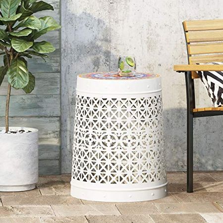 Christopher Knight Home Leopold Outdoor Lace Cut Side Table with Tile Top, White