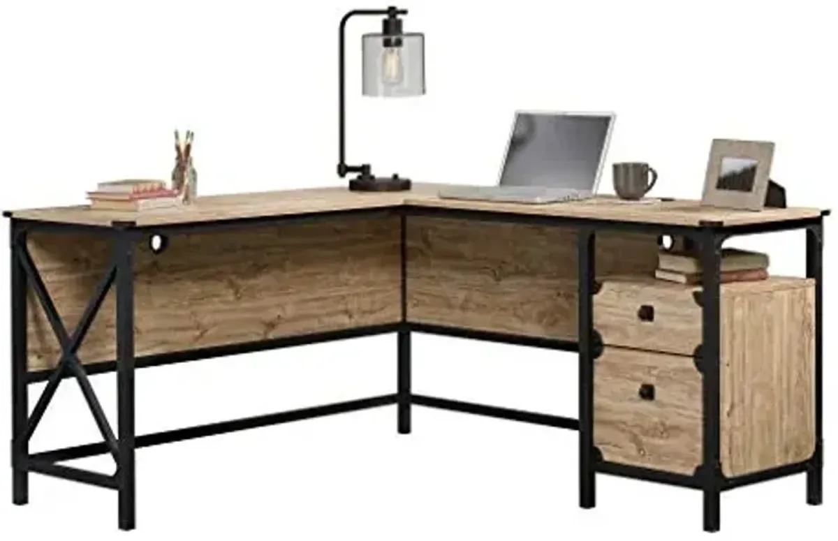 Sauder Steel River Rustic Industrial Style L-Shaped Corner Desk with Drawers and Storage Shelf, Coated Metal and Milled Mesquite finish
