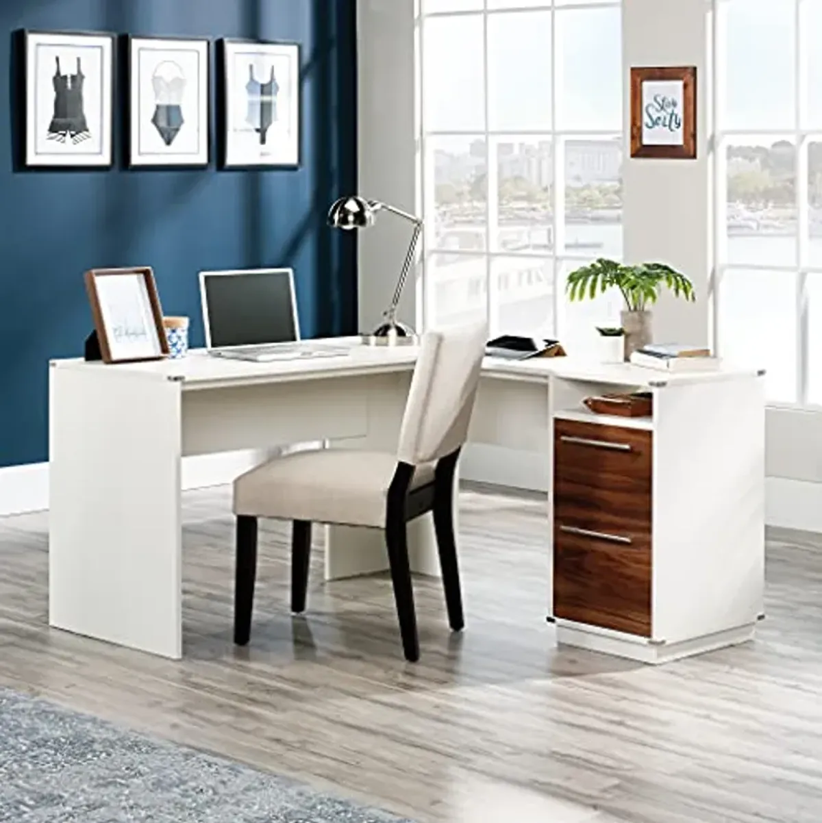 Sauder Vista Key L-Desk Pearl, Pearl Oak Finish