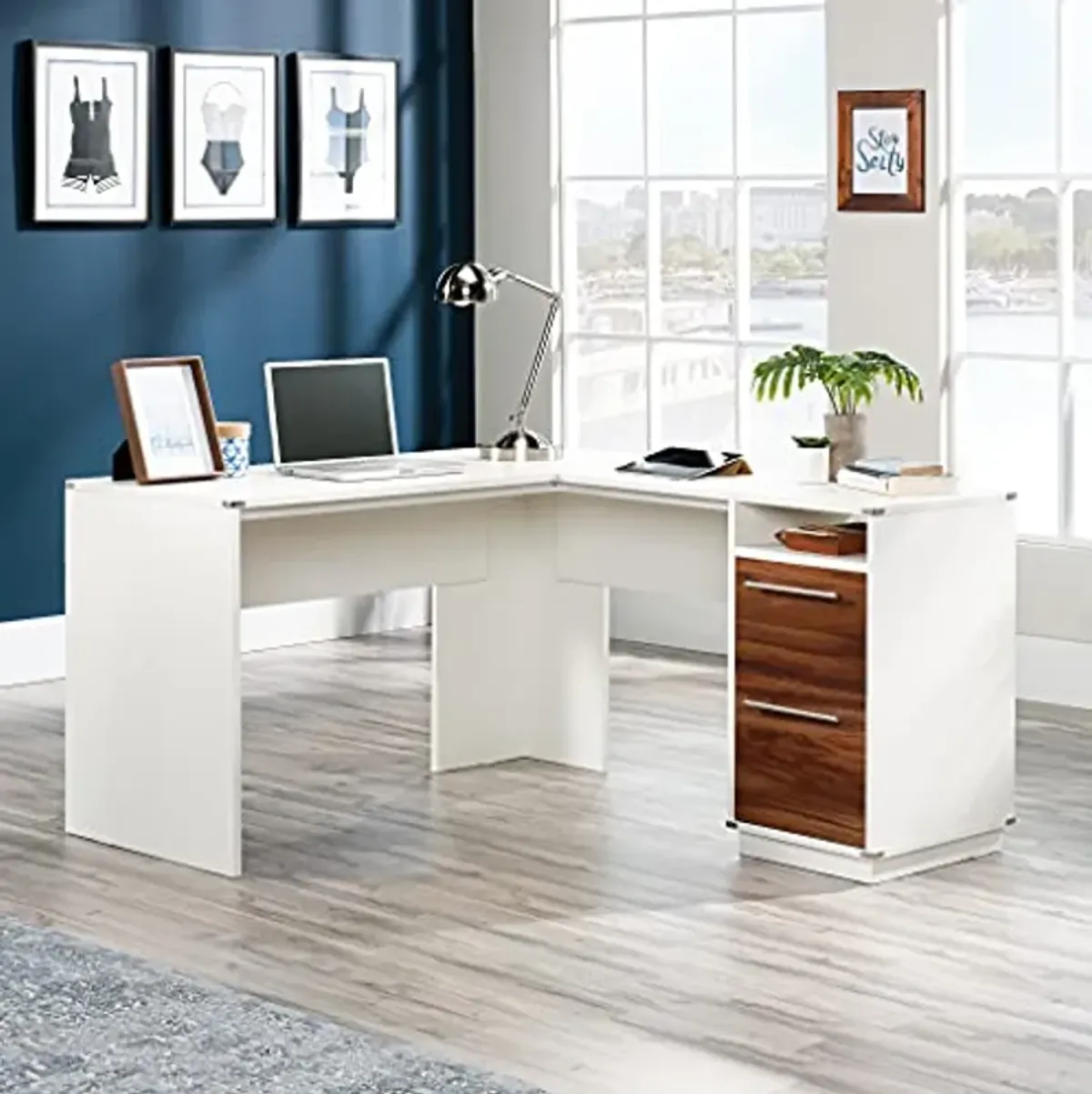 Sauder Vista Key L-Desk Pearl, Pearl Oak Finish