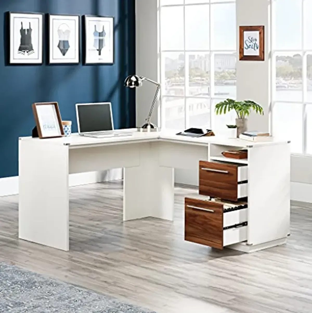 Sauder Vista Key L-Desk Pearl, Pearl Oak Finish