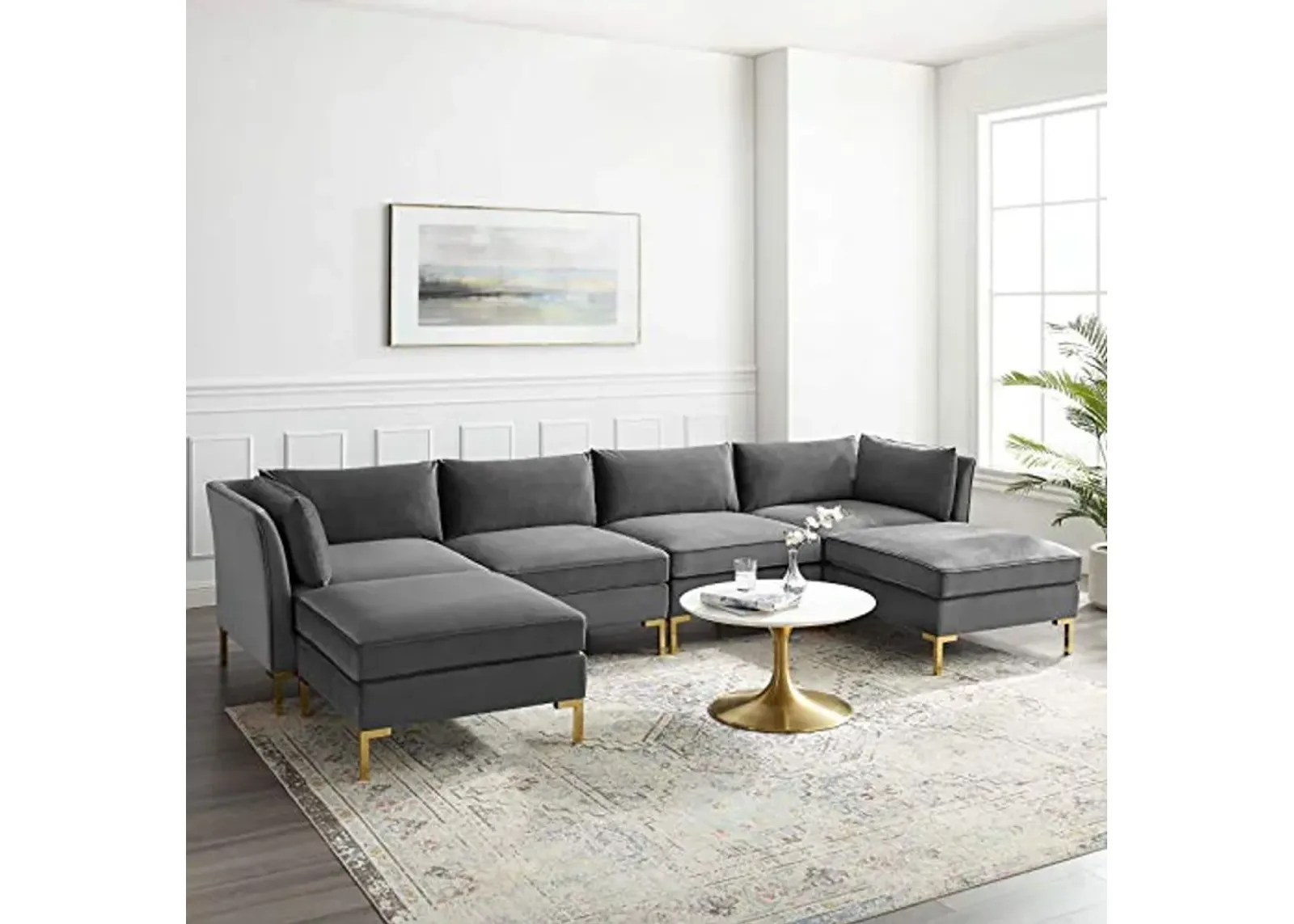 Modway Ardent Performance Velvet Sectional Sofa, 6 Piece w/Double Chaise, Gray