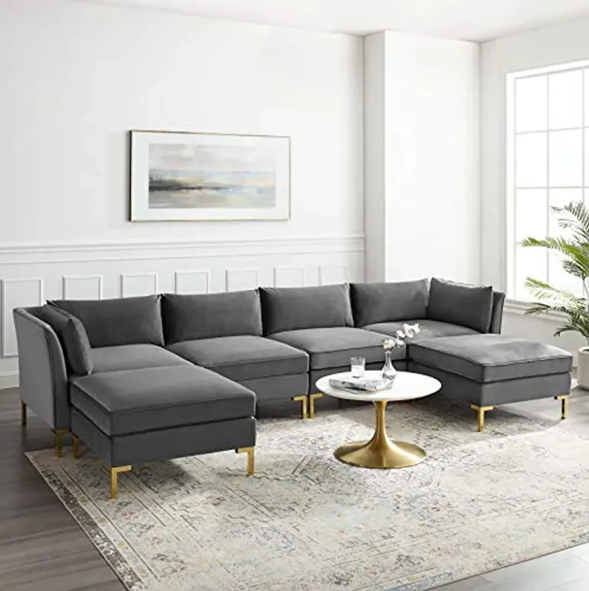 Modway Ardent Performance Velvet Sectional Sofa, 6 Piece w/Double Chaise, Gray