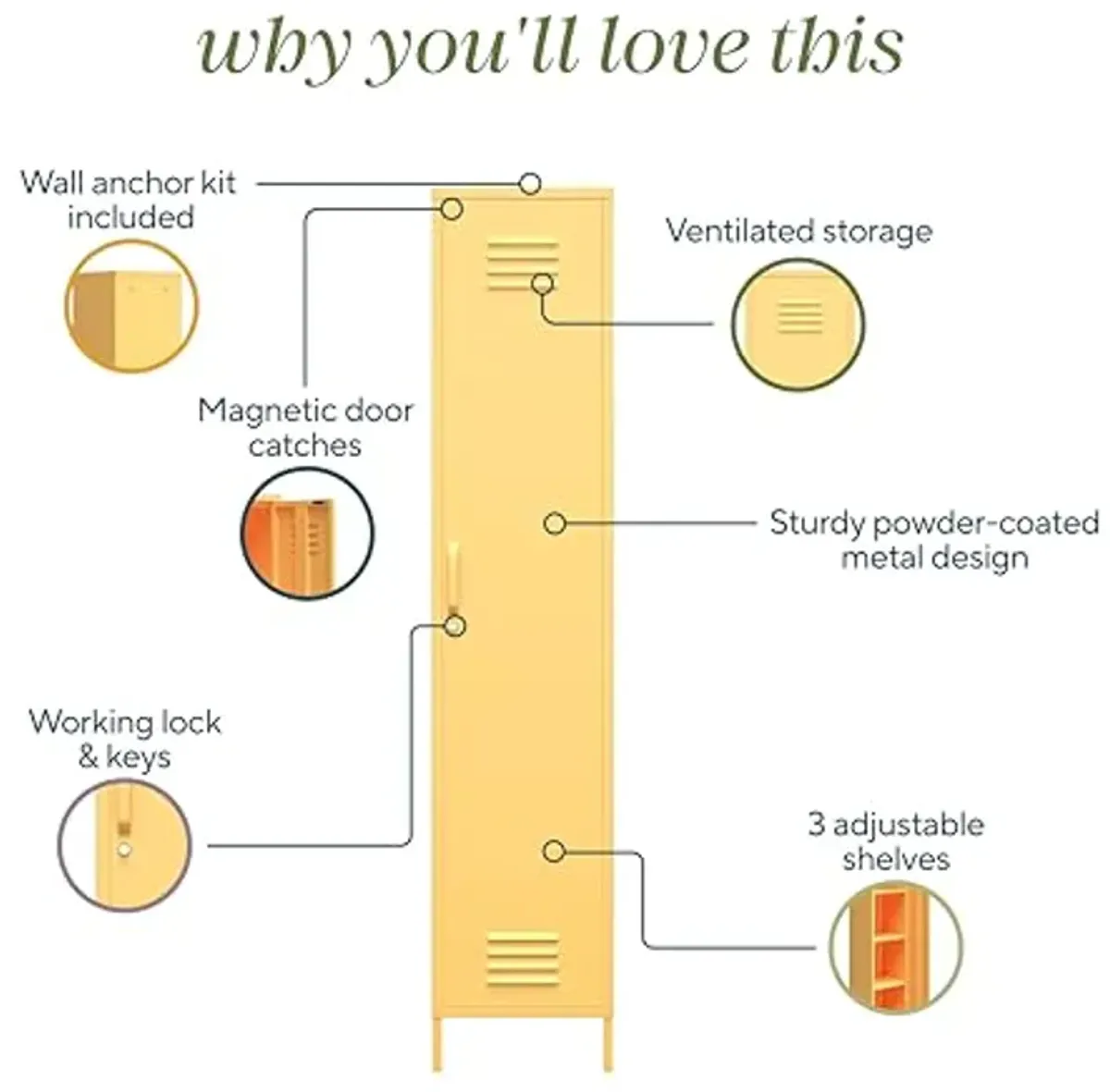 Novogratz Cache Cache 1-Door Tall Single Metal Locker Style Storage Cabinet, Yellow