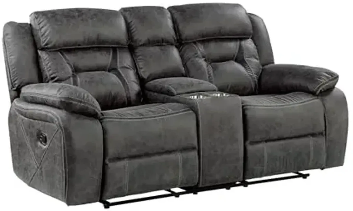 Homelegance Reclining Loveseat, Polished Microfiber Manual Double Recliner Loveseat with Center Console, Gray