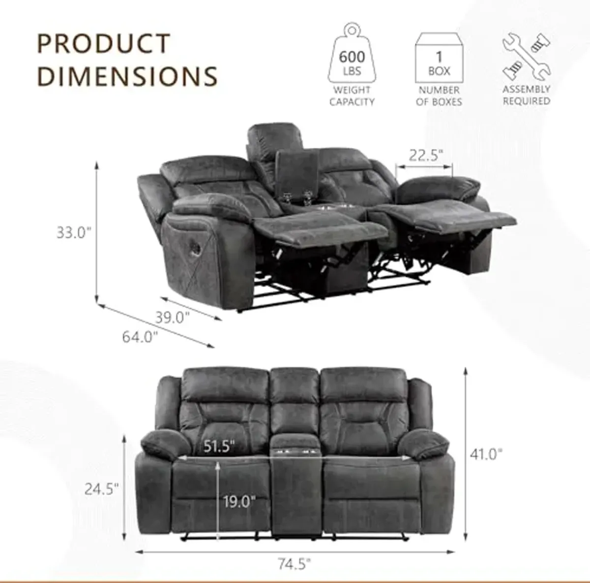 Homelegance Recliner Living Room Set, Manual Polished Microfiber Upholstery Recliner Sofas, Loveseat and Chair, 3-Piece Set, Gray