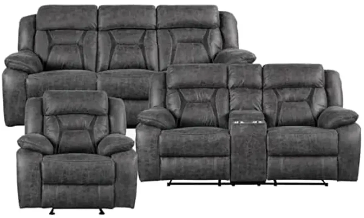 Homelegance Recliner Living Room Set, Manual Polished Microfiber Upholstery Recliner Sofas, Loveseat and Chair, 3-Piece Set, Gray