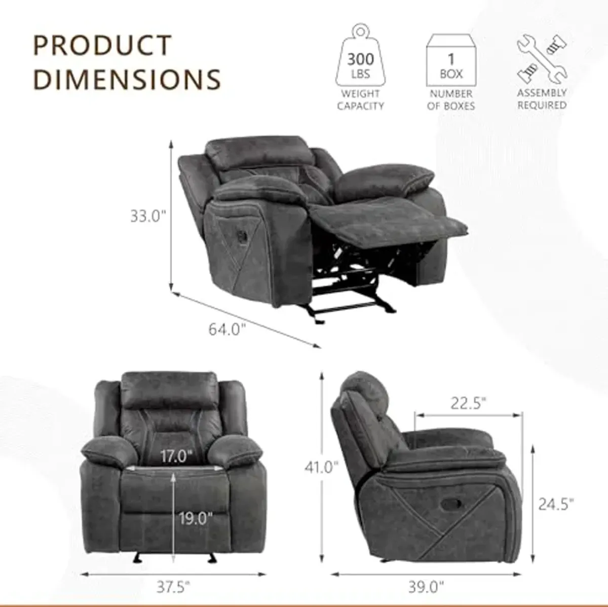 Homelegance Recliner Living Room Set, Manual Polished Microfiber Upholstery Recliner Sofas, Loveseat and Chair, 3-Piece Set, Gray