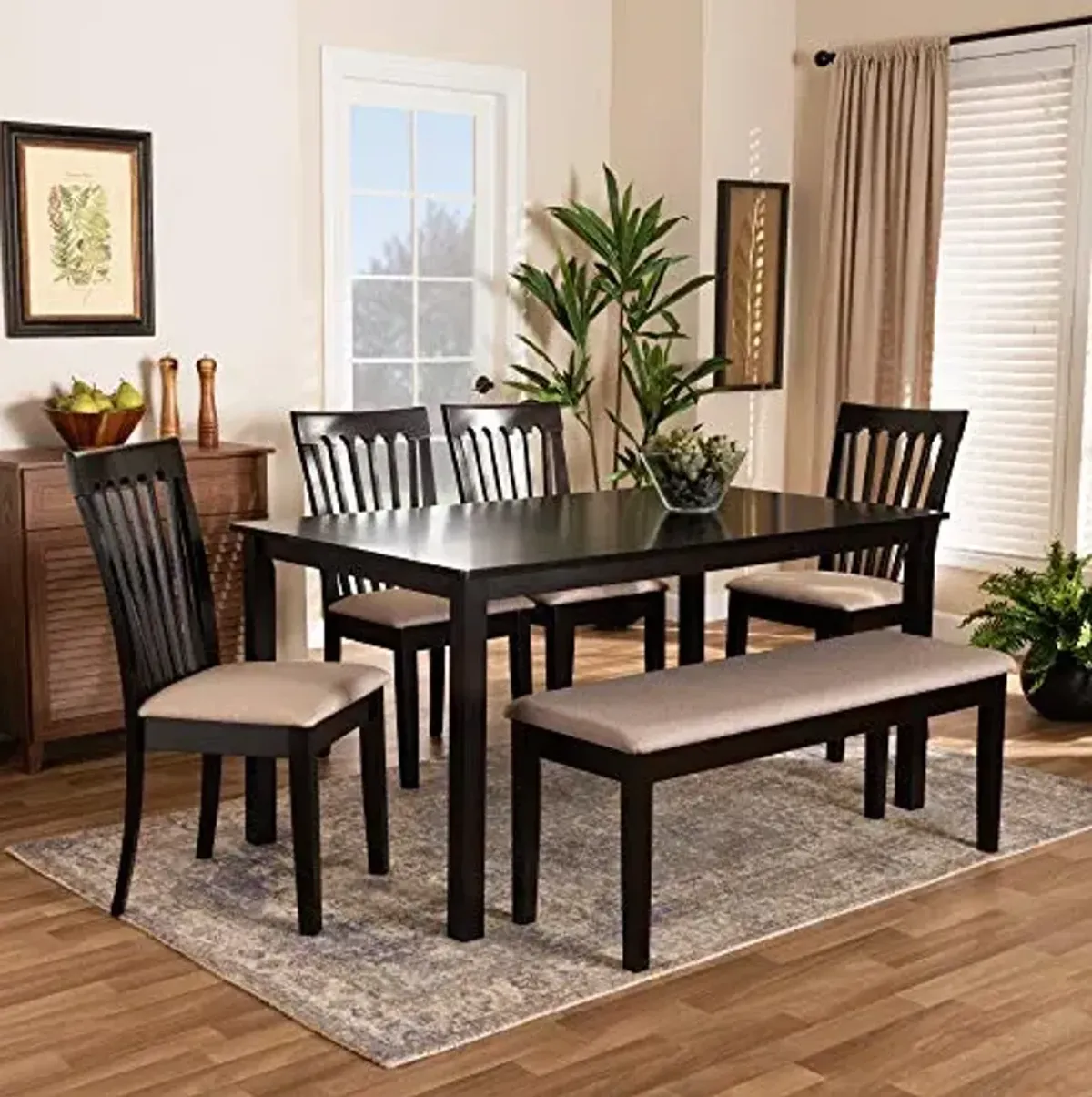 Baxton Studio Minette Dining Set - Sand Fabric Upholstered, Dark Brown Wood Finish - 6-Piece