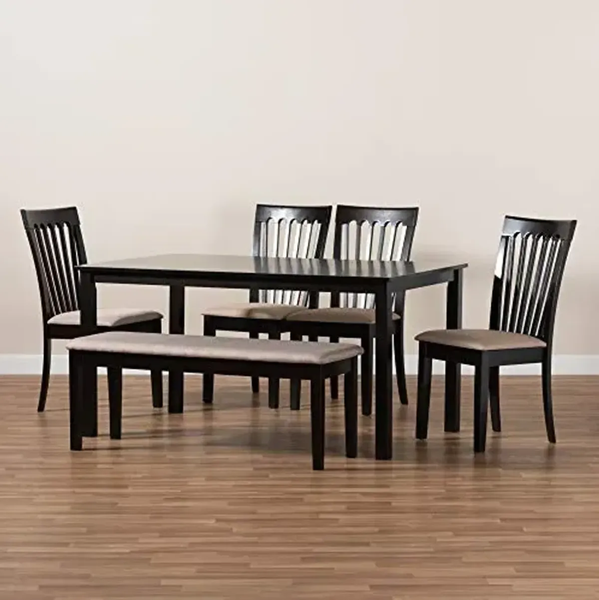 Baxton Studio Minette Dining Set - Sand Fabric Upholstered, Dark Brown Wood Finish - 6-Piece