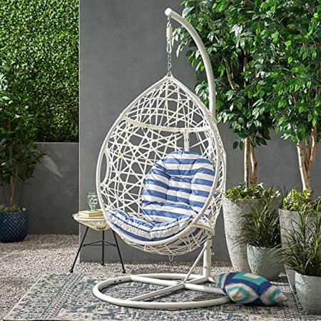 Christopher Knight Home Teresa Outdoor Wicker Tear Drop Hanging Chair, White and Blue