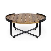 Tracy Outdoor Modern Industrial Acacia Wood Coffee Table, Teak Finish, Black
