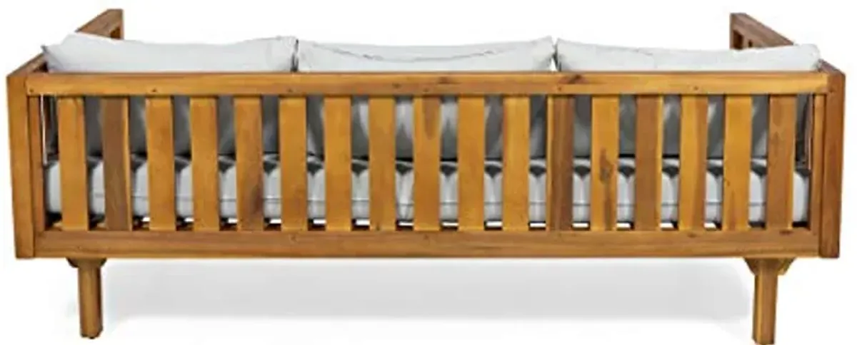 Christopher Knight Home Tina Outdoor 3 Seater Acacia Wood Daybed, Teak Finish, Light Grey